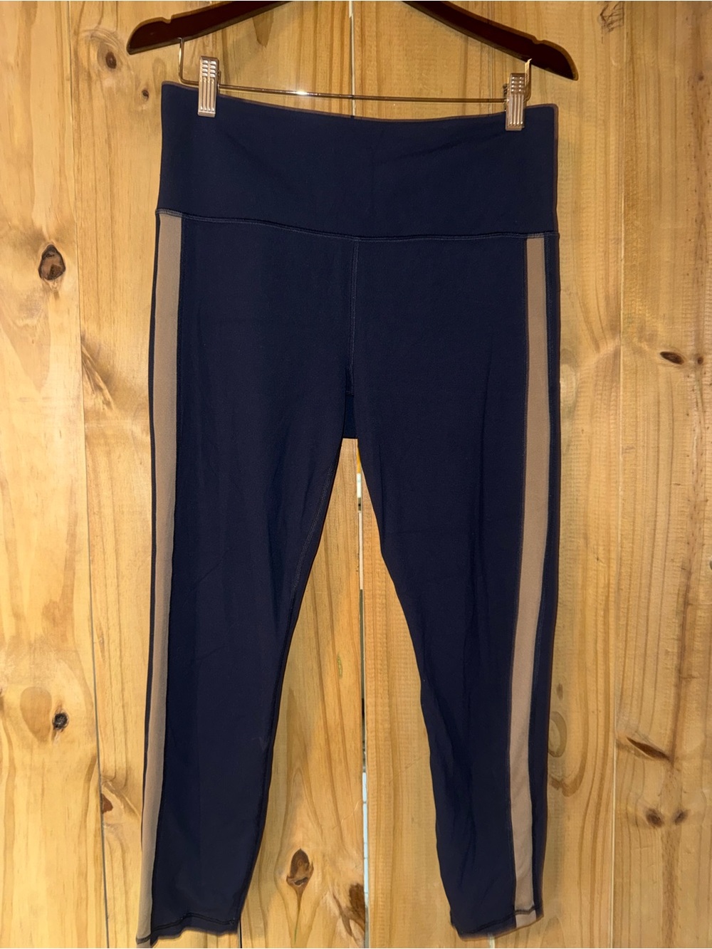 Athleta Navy Leggings with Tan Side Panels